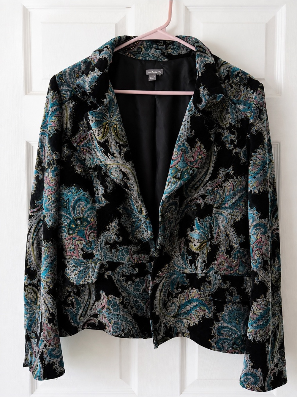 Anthracite Black Teal Paisley Velvet Blazer Jacket Women’s Medium